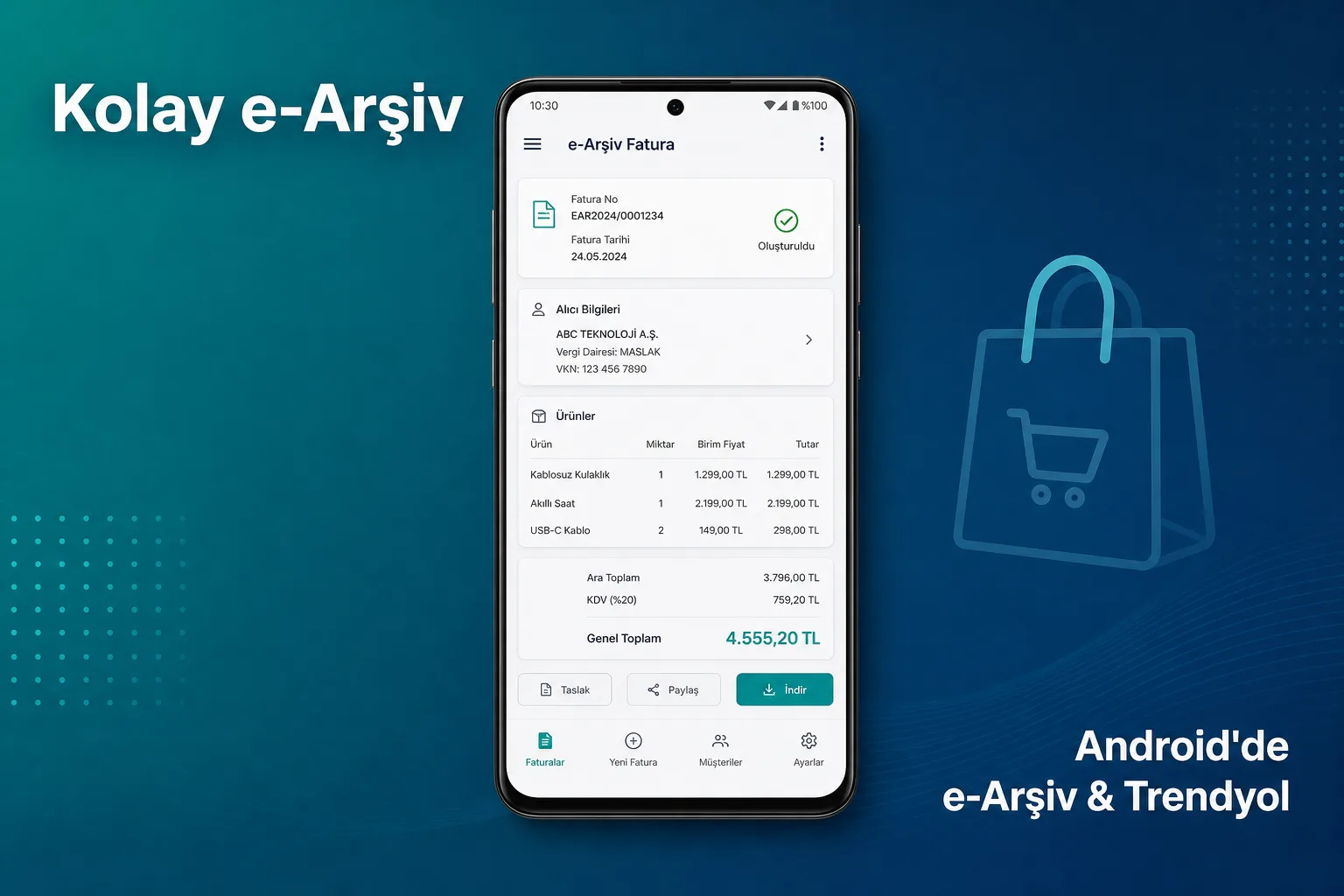 Telefondan e-Arşiv fatura kesme ekranı